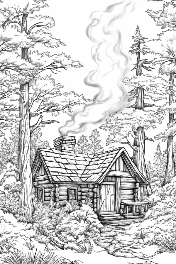Cozy log cabin in snowy forest with smoke rising from chimney, realistic sketch style — free printable cabin coloring book page
