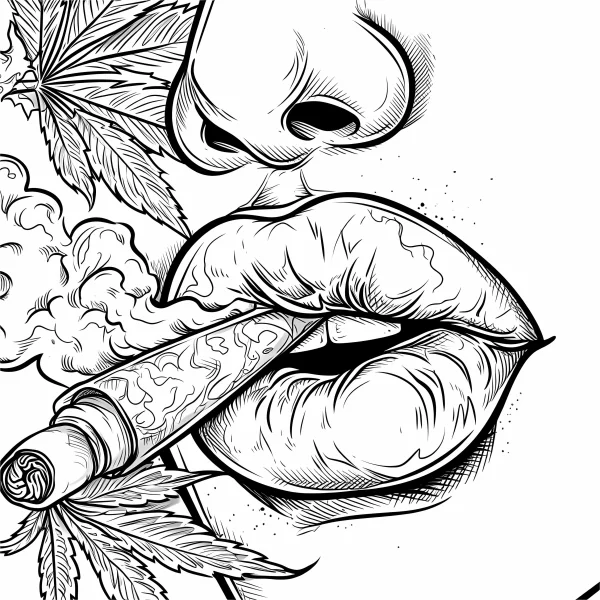 Lips holding a marijuana joint, street graffiti style — free printable street culture coloring book page