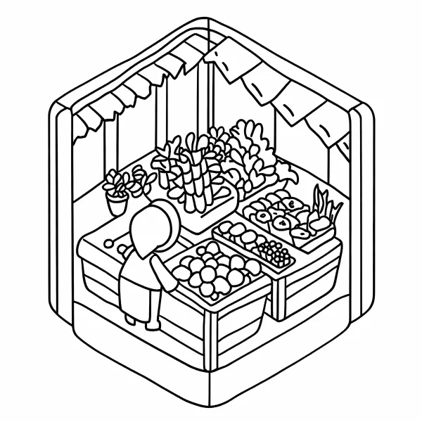 Isometric market stall with a shopping character, cartoon style — free printable shopping coloring book page