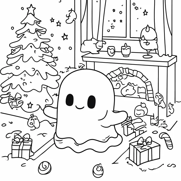 Cute ghost in christmas living room scene, cartoon style — free printable warmth coloring book page