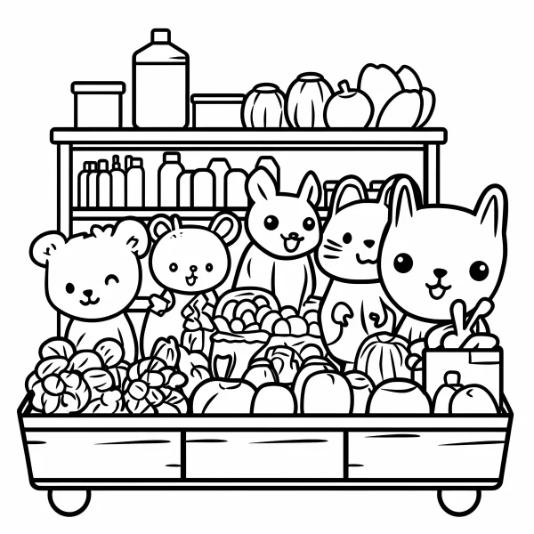 Cute cartoon animals (bear, rabbit — free printable shopping coloring book page