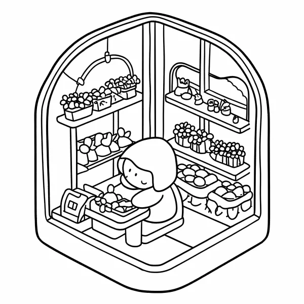 Girl making pastries in a cute dessert shop, cartoon style — free printable life scenes coloring book page
