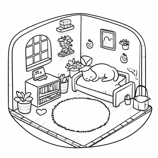 Sleeping cat in a cozy isometric small room, cartoon style — free printable daily coloring book page