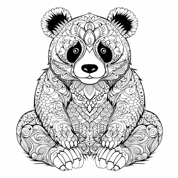 Mandala-style panda, intricate symmetrical and repeating patterns — free printable abstract art coloring book page