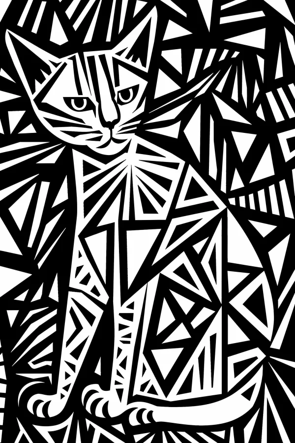 Geometric style cat, abstract geometric patterns with triangular shapes — free printable abstract art coloring book page