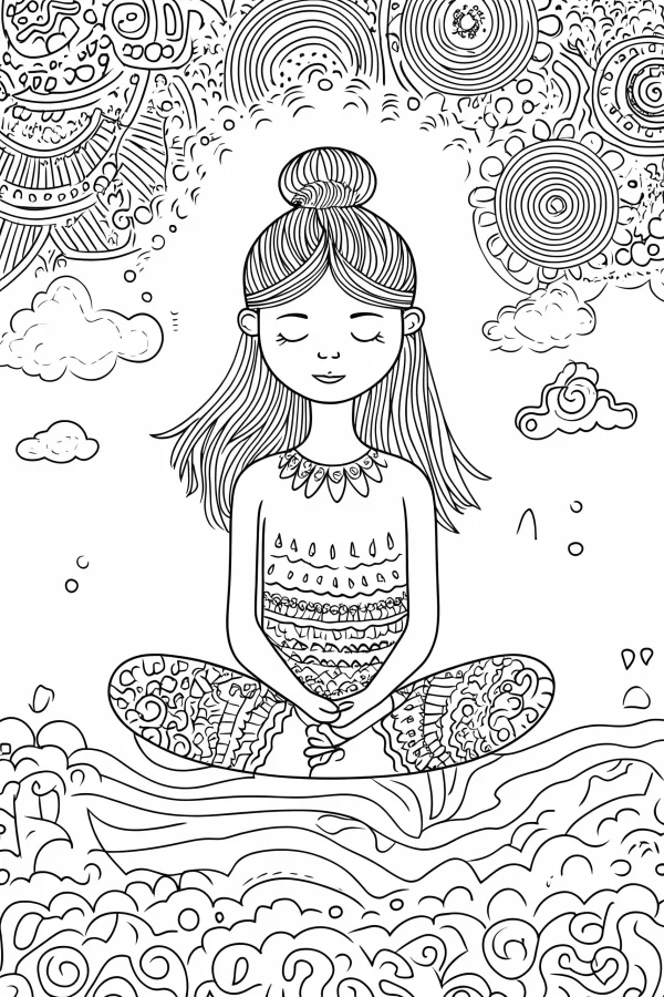 Meditating yoga girl in cross-legged position, surrounded by mandala and zentangle patterns — free printable meditation coloring book page