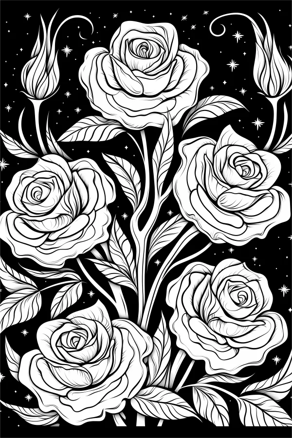 Hand-drawn rose bouquet with buds and leaves, line art illustration style — free printable dreamy coloring book page