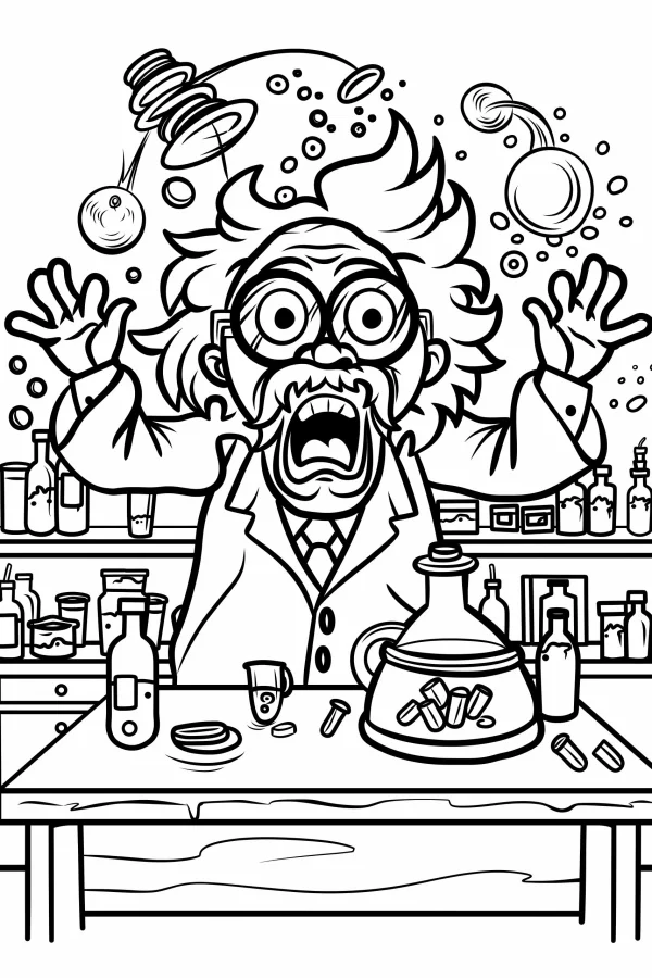 Crazy cartoon scientist in messy lab, cartoon style — free printable laboratory coloring book page