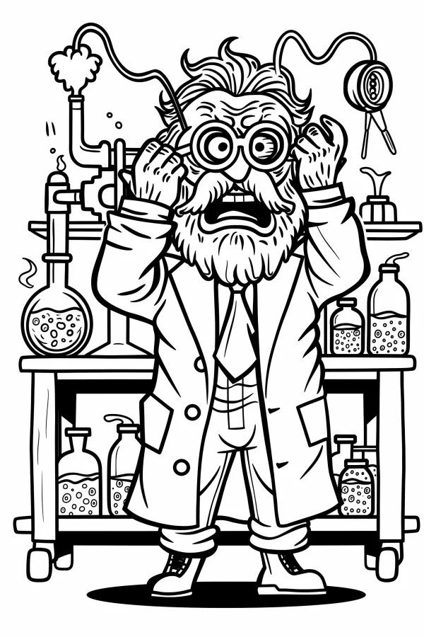 Cartoon mad scientist in laboratory, cartoon style — free printable scientists coloring book page