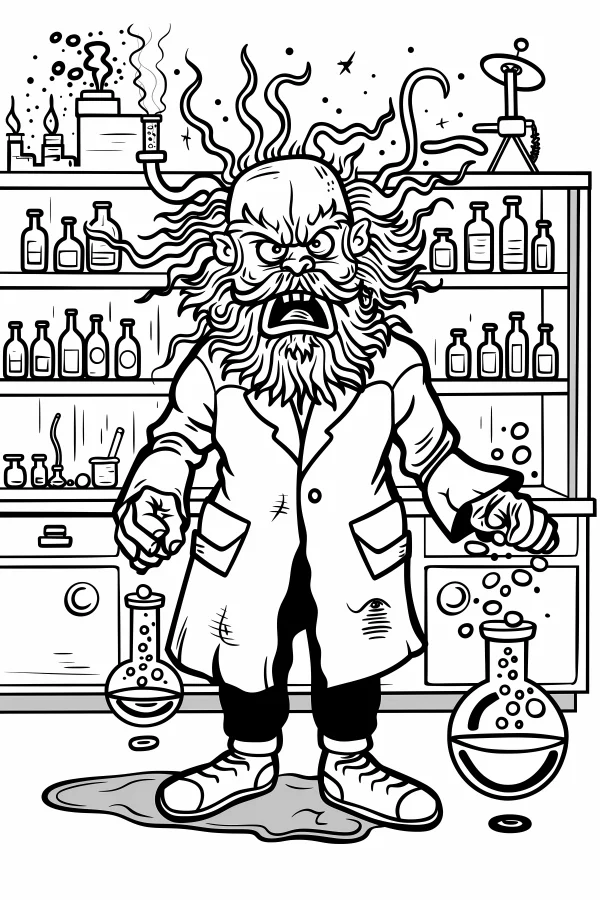 Mad scientist with angry expression in laboratory, cartoon style — free printable laboratory coloring book page