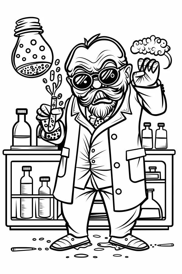 Cartoon mad scientist wearing sunglasses, holding a bubbling test tube — free printable scientists coloring book page
