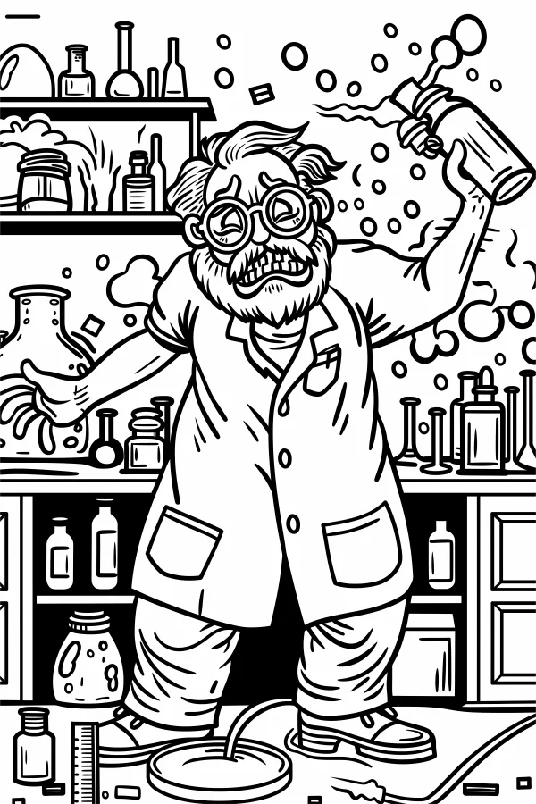 Mad scientist in laboratory with experiment accident, cartoon style — free printable science experiments coloring book page