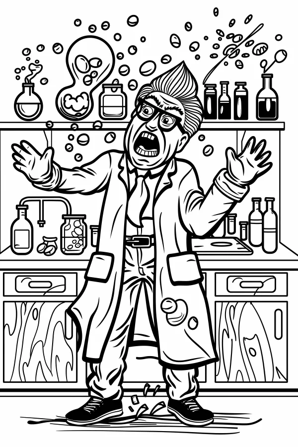 Panicking mad scientist in lab coat, cartoon style — free printable science experiments coloring book page