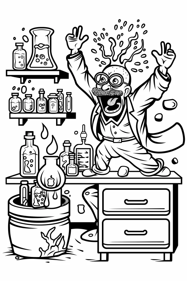 Crazy cartoon scientist, cartoon style — free printable science experiments coloring book page