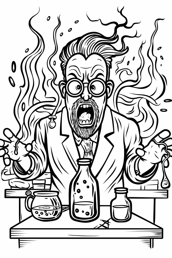Mad scientist with failed experiment, cartoon style — free printable scientists coloring book page