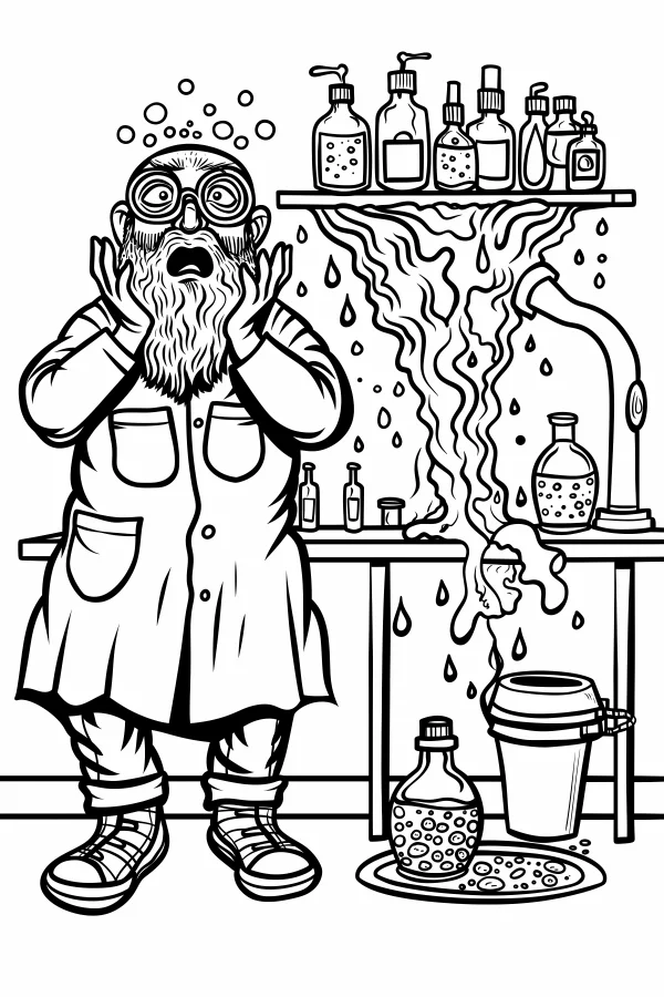 Mad scientist who messed up the experiment, cartoon style — free printable scientists coloring book page