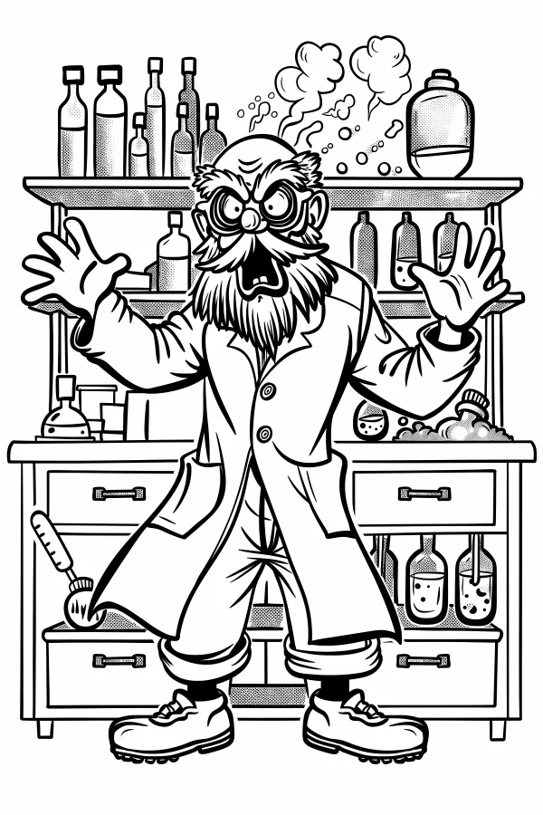 Crazy cartoon scientist with wild beard and goggles, cartoon style — free printable science coloring book page