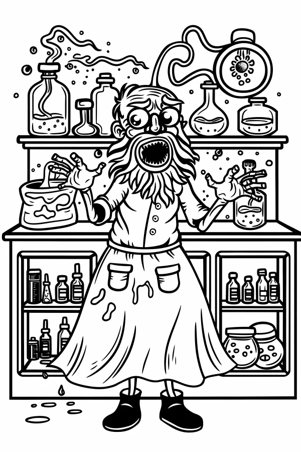 Mad scientist in laboratory, cartoon style — free printable laboratory coloring book page