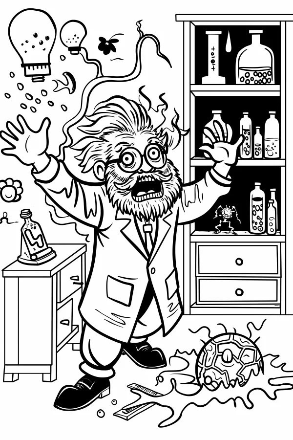 Mad scientist in a messy laboratory, cartoon style — free printable science experiments coloring book page