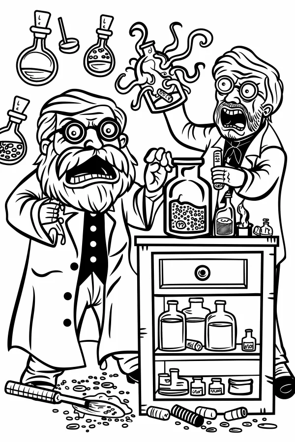 Two mad elderly scientists in chaotic lab scene, cartoon style — free printable quirky coloring book page