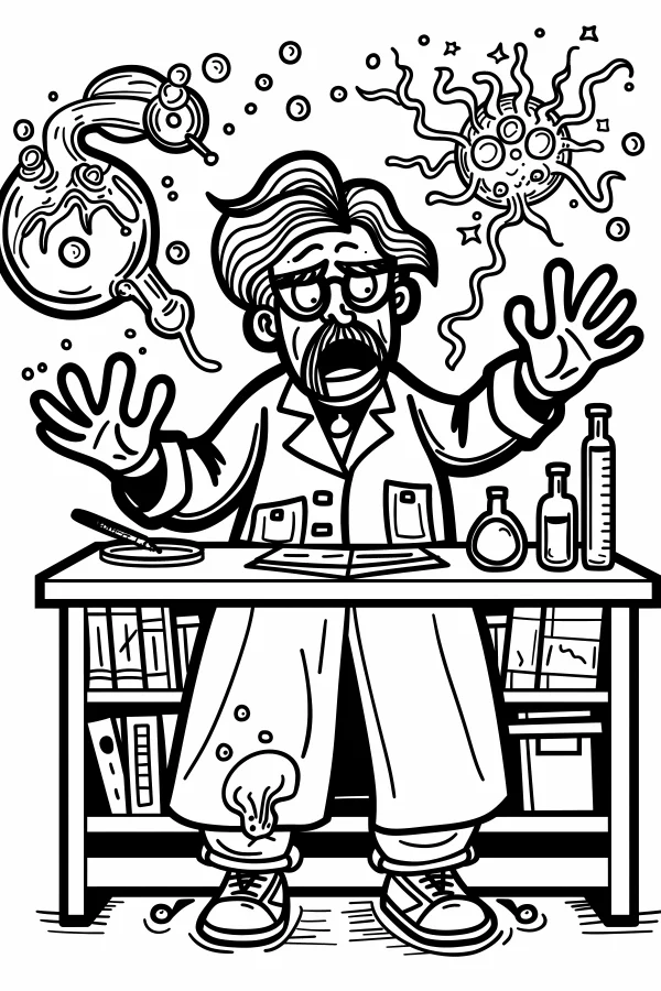 Panicked cartoon scientist in laboratory, cartoon style — free printable science experiments coloring book page