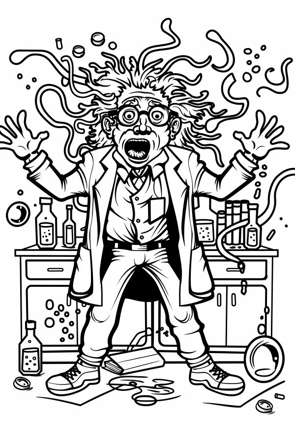 Frantic mad scientist in lab, cartoon style — free printable science experiments coloring book page