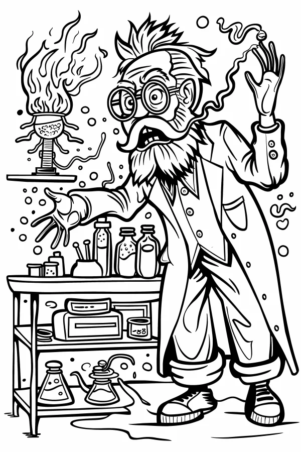 Crazy cartoon scientist in a laboratory with exploding experiment setup, black and white clean line art — free printable scientists coloring book page