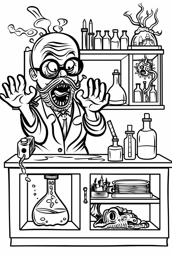 Mad scientist in cartoon style, inside a science lab with flasks — free printable laboratory coloring book page