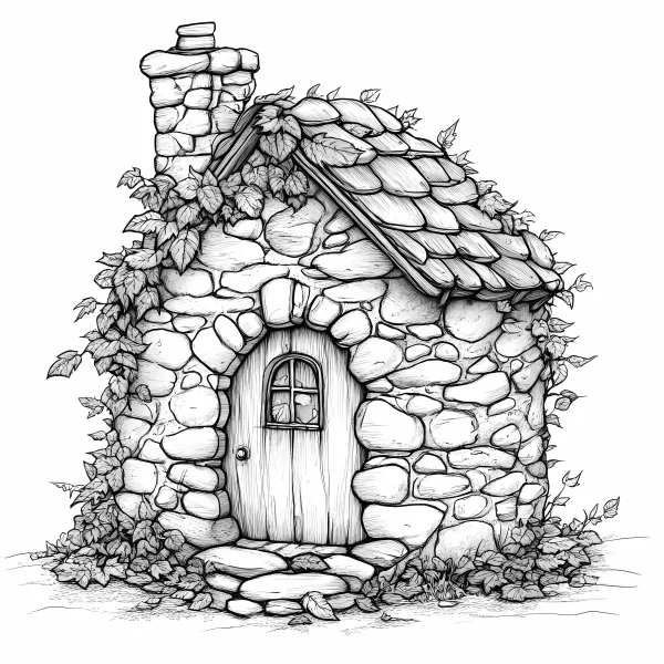 Stone cottage wrapped in ivy vines, sketch style — free printable other life themes coloring book page