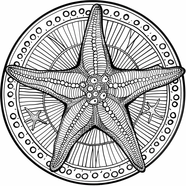 Mandala-style starfish, detailed organic patterns with small starfish accents — free printable creative art coloring book page