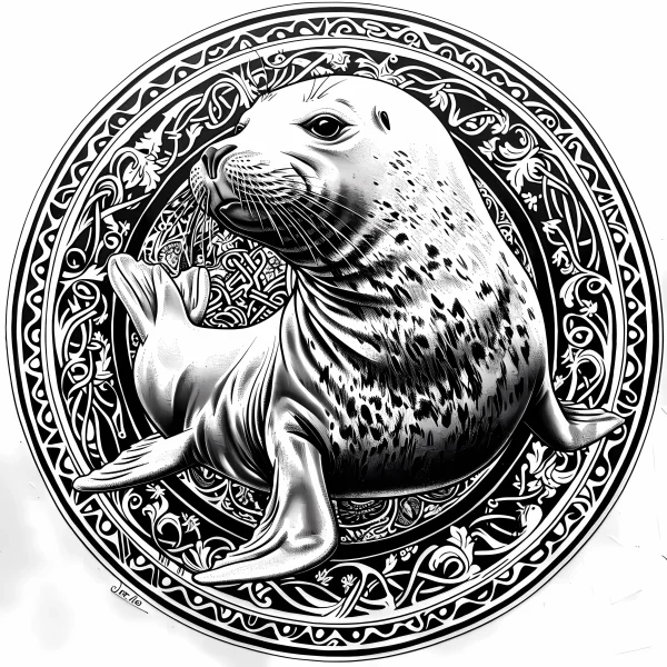 Seal surrounded by intricate celtic knot patterns and decorative scrollwork, detailed symmetrical design — free printable celtic coloring book page