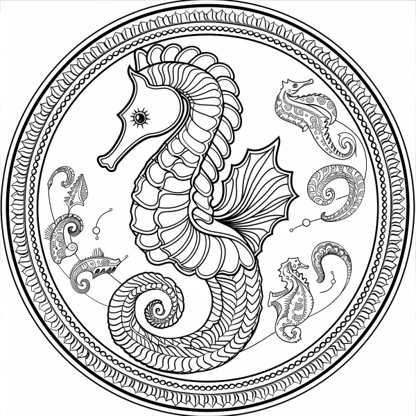 Mandala-style seahorse surrounded by small decorative seahorses, intricate symmetrical and repeating patterns — free printable mandala art coloring book page