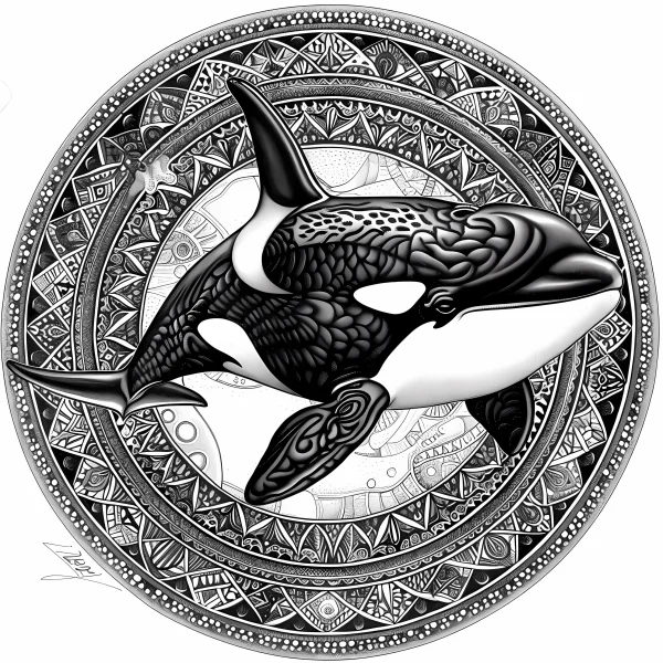 Mandala-style orca whale, surrounded by intricate symmetrical geometric decorative patterns — free printable abstract art coloring book page
