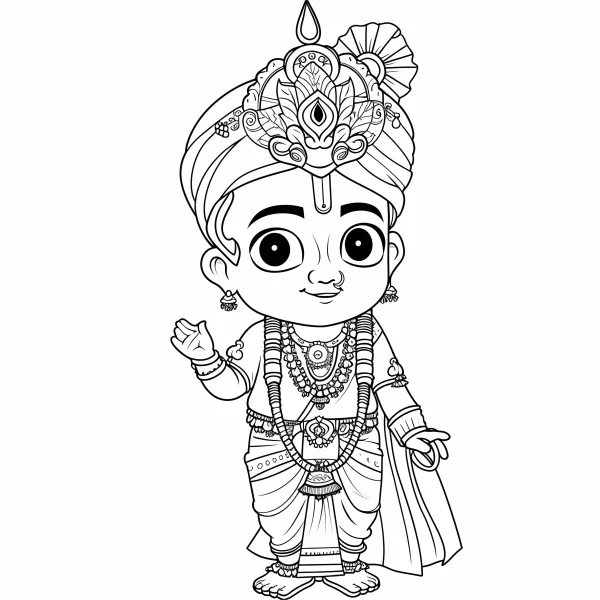 Cute chibi krishna from indian mythology, cartoon style — free printable indian culture coloring book page