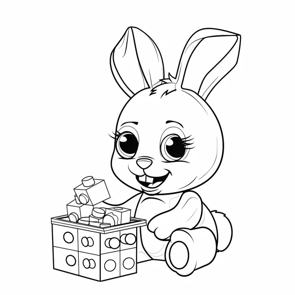 Cute cartoon rabbit playing with building blocks and toy box, cartoon style — free printable children's life coloring book page