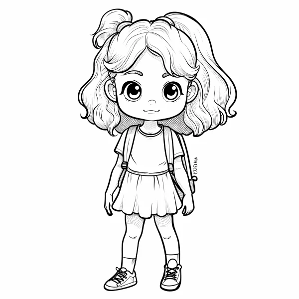Cute cartoon little girl with pigtails and schoolbag, cartoon style — free printable campus life coloring book page
