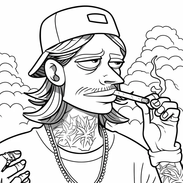 Slouchy young man with backwards baseball cap, tattoos on neck — free printable street culture coloring book page
