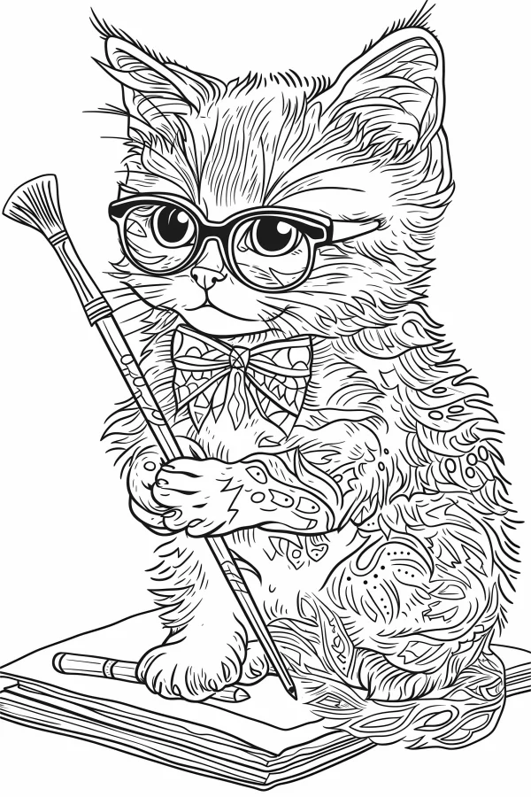 Cute cat wearing glasses and bow tie holding a paintbrush, sitting on a sketchbook — free coloring book page