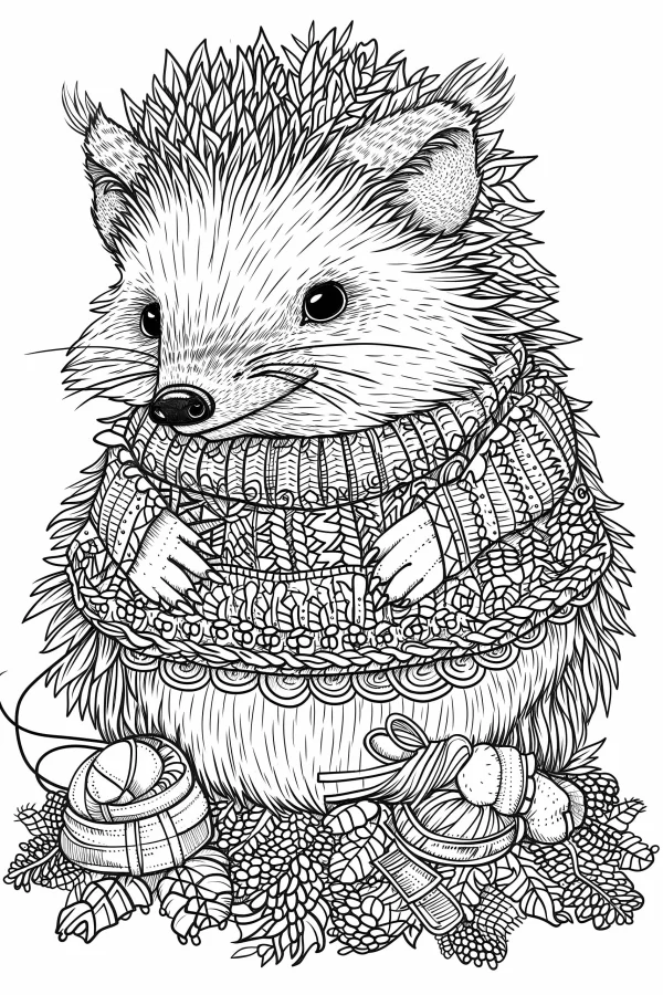 Hedgehog wearing knitted sweater, cartoon style — free printable handmade diy coloring book page