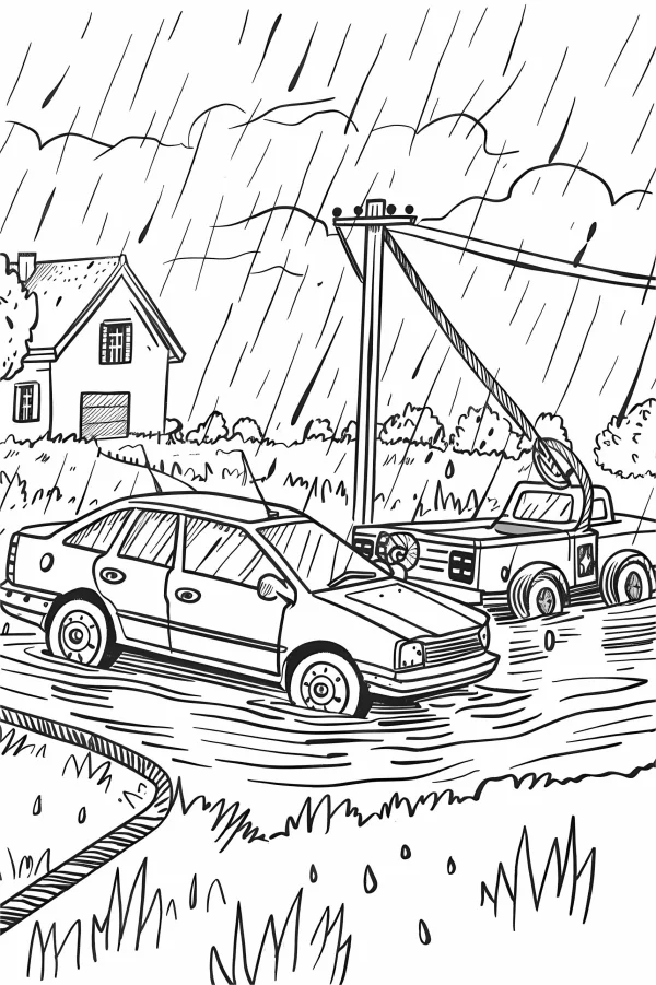 Trapped sedan and rescue tow truck in flooded rainy rural road, realistic style — free printable rainy season coloring book page