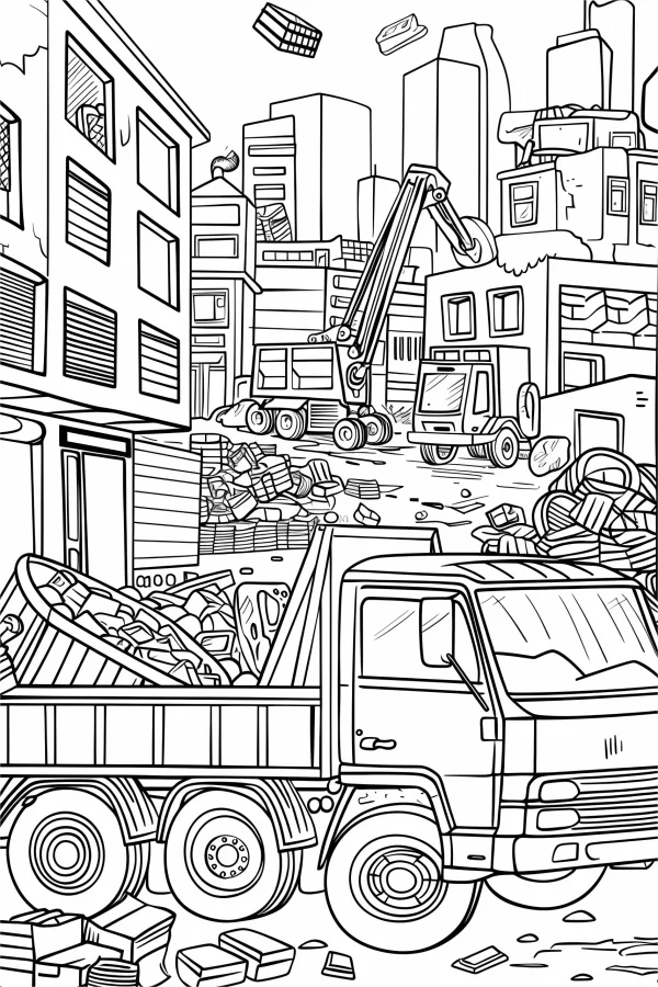 Construction dump truck and excavator in urban ruins scene, cartoon style — free printable city scene coloring book page