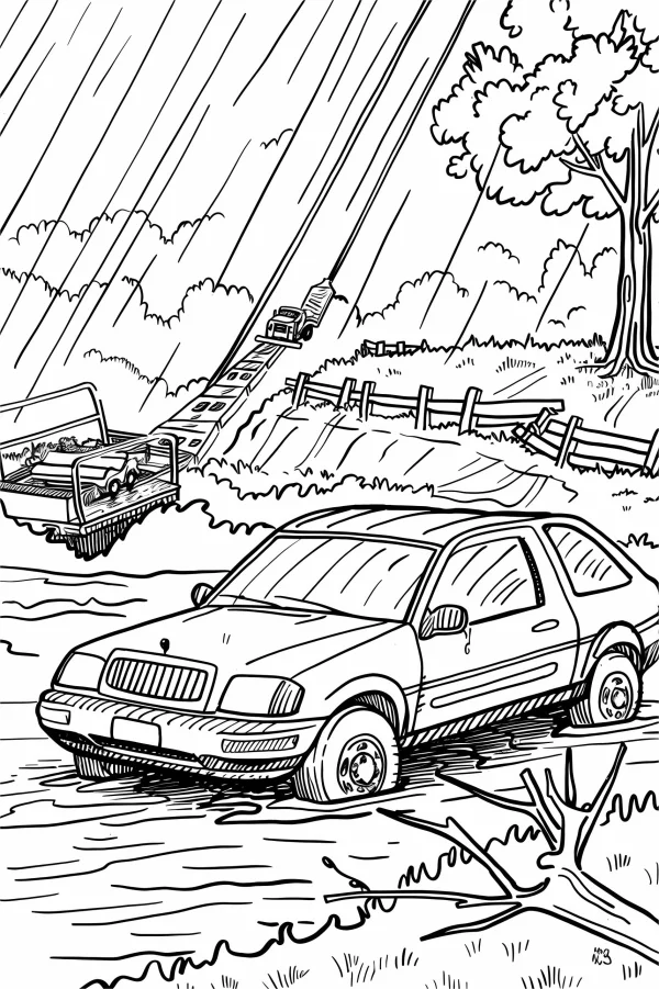 Sedan stuck in flooded road, realistic style — free printable rainy season coloring book page