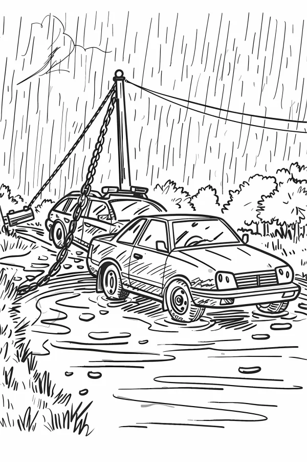Sedan being towed on rainy muddy road, realistic style — free printable life scenes coloring book page