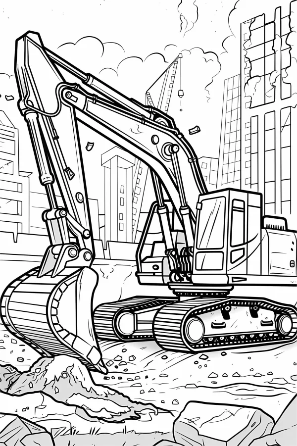 Construction excavator working on construction site, realistic illustration style — free printable construction coloring book page