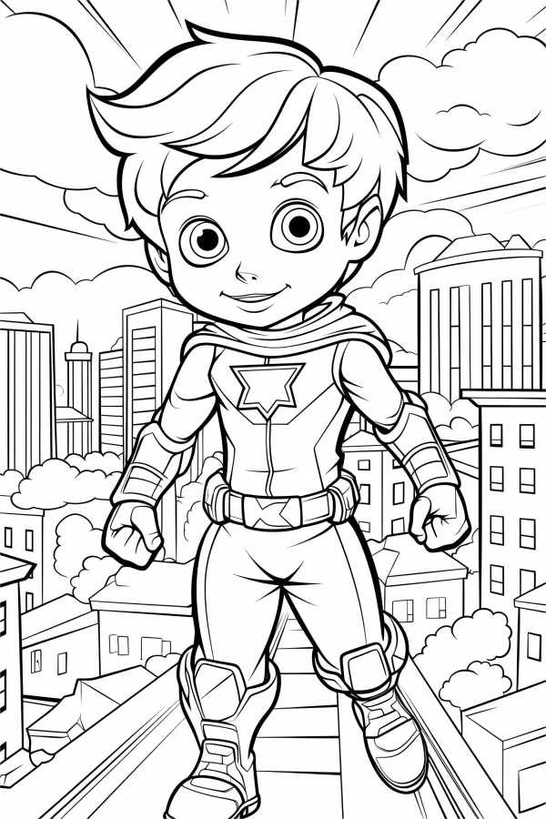 Coloring book page, cute cartoon superhero boy with star emblem — free printable superhero coloring book page