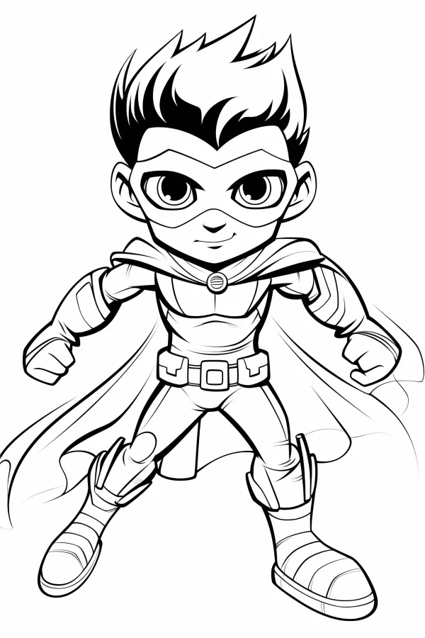 Cartoon superhero boy with cape and mask, chibi cartoon style — free printable superhero coloring book page