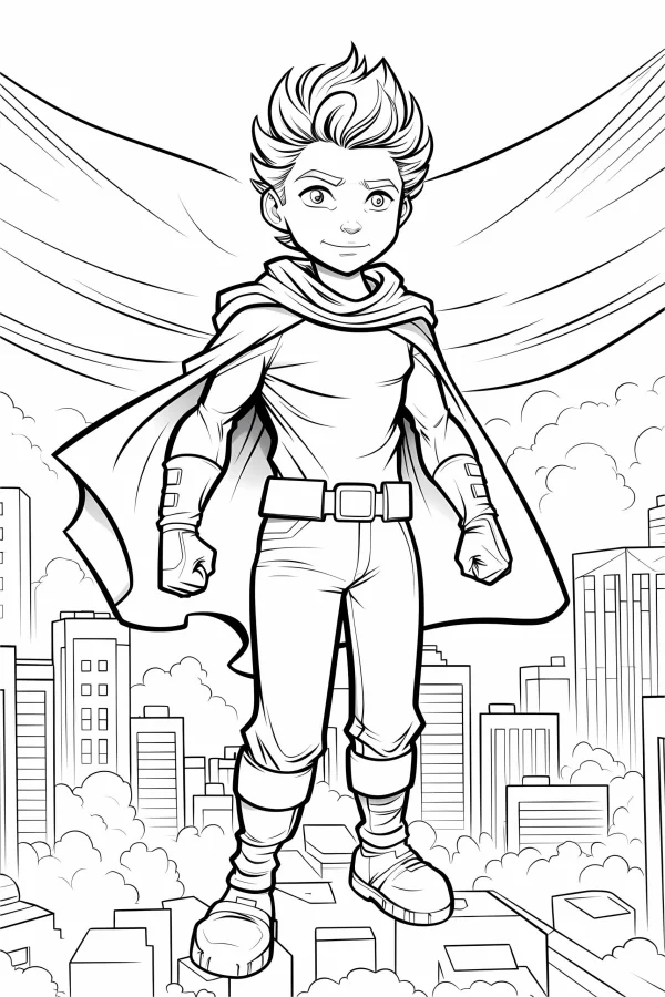 Cartoon young superhero with cape, cartoon style — free printable superhero coloring book page