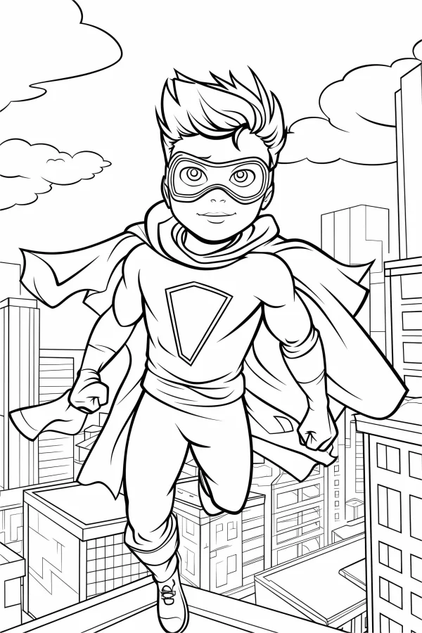 Flying superhero boy with cape and eye mask, cartoon style — free printable superhero coloring book page