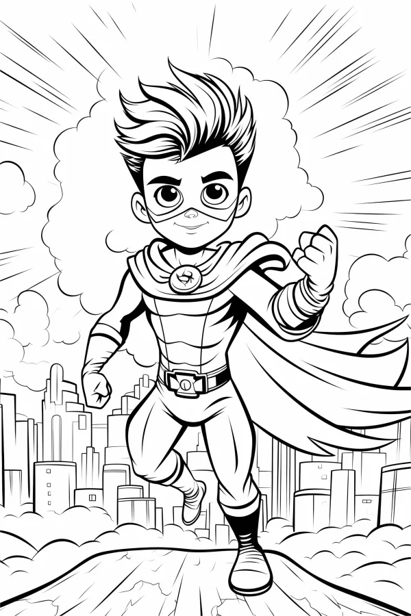 Cartoon boy superhero with cape and mask, cartoon style — free printable superhero coloring book page