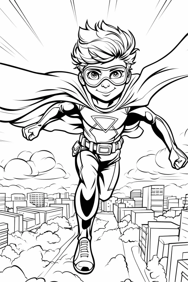 Cartoon young superhero with cape and goggles flying over city, cartoon art style — free printable superhero coloring book page